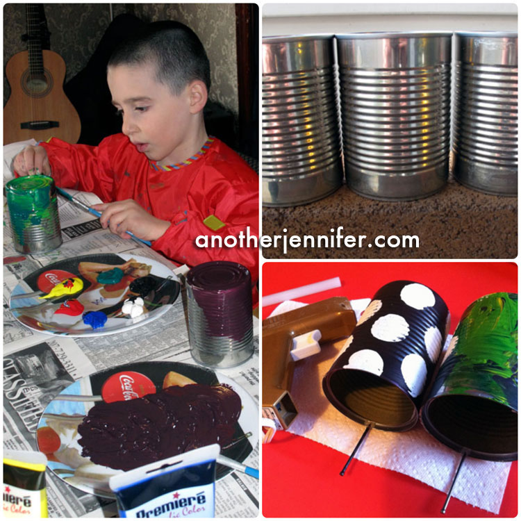 We painted our recycled tin cans and hot glued nails as perches for the birds.