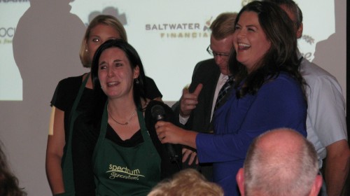 Emcee, Kelly LaBrecque of WCSH6 interviews me before the "celebrity" servers delivered food to guests. Photo from Spectrum Generations' Facebook page.