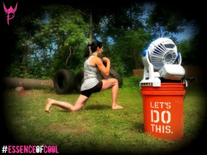 Walking lunges with a 1/2 cinder block are more fun when you are getting cooled down by a misting fan.